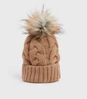 New Look Camel Cable Knit Faux Fur Pom Pom Bobble Hat